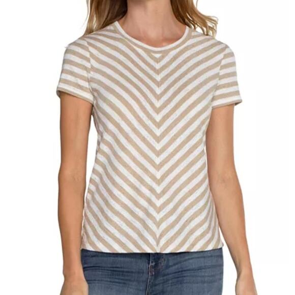 Liverpool Chevron Crewneck Tee Shirt Short Sleeve Top Stripe Beige White Small - Picture 1 of 8